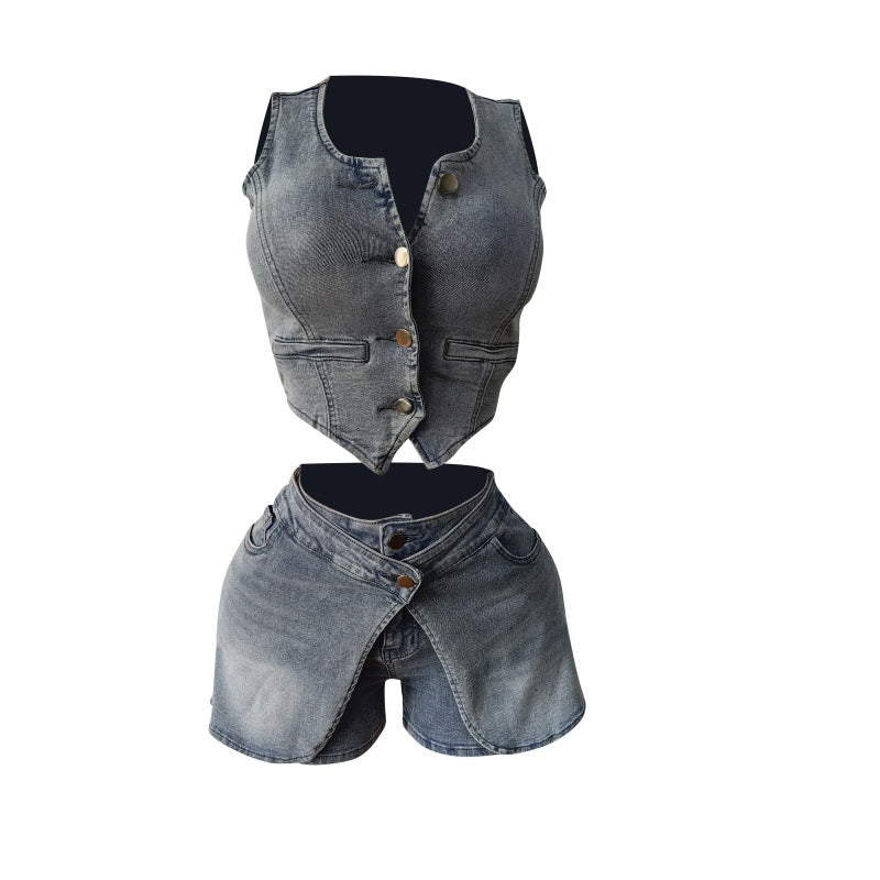 Elastic Denim Vest and Shorts Set for Women 5