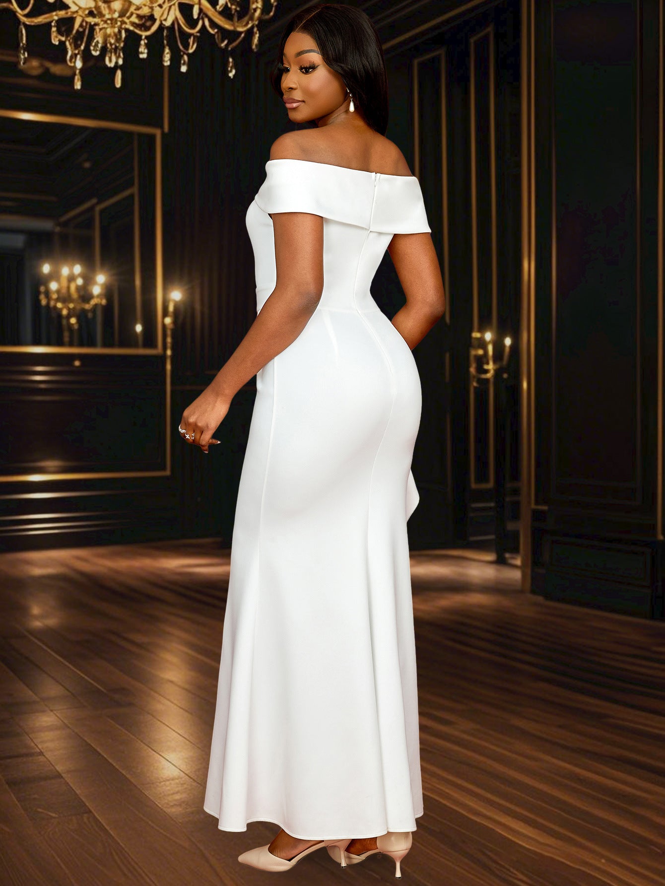 Sexy V-Neck Off-Shoulder Ruffle Slim Elegant Bridesmaid Dress 3