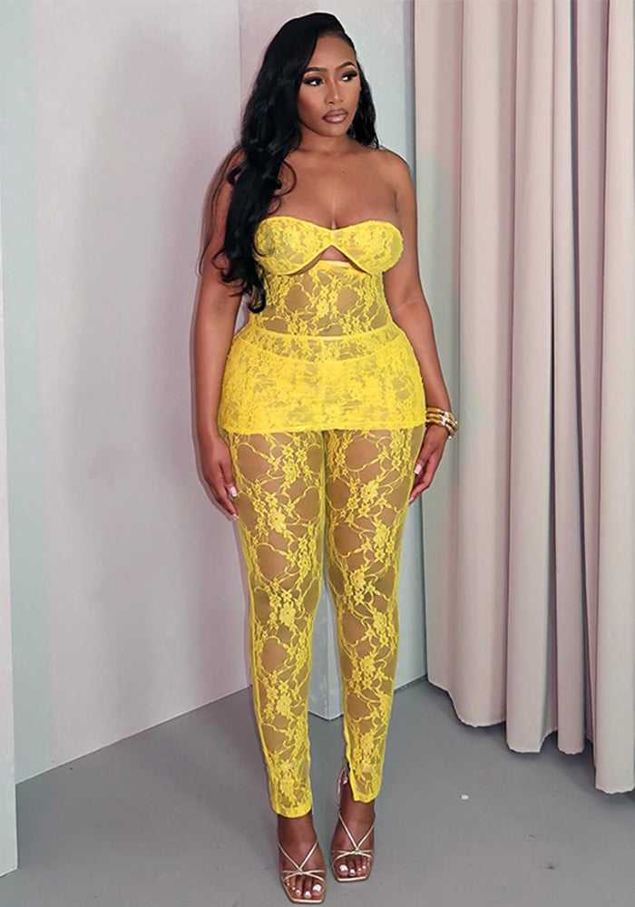 Women Summer Lace Hollow Off Shoulder Strapless Top and Pants Two-piece Set 3