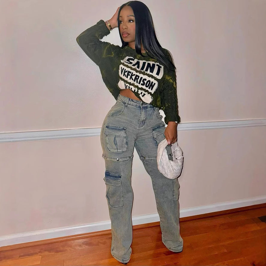 Women Pocket Removable Button Denim Pants 4