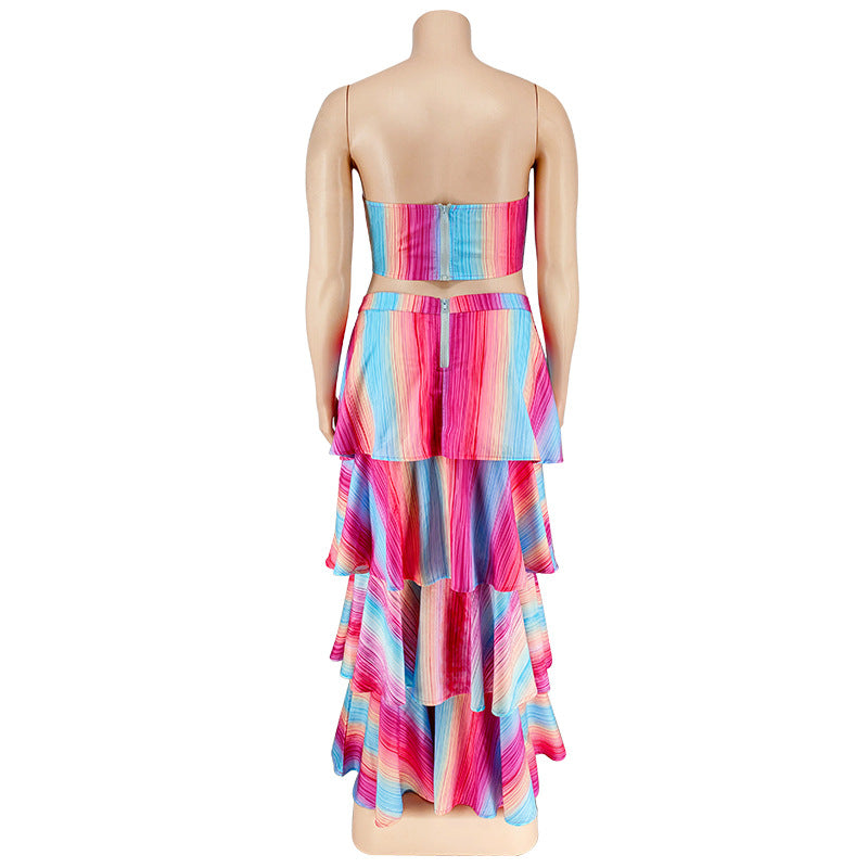 Plus Size Fall Women'S Strapless Stripe Print  Swing Layer Maxi Dress 14