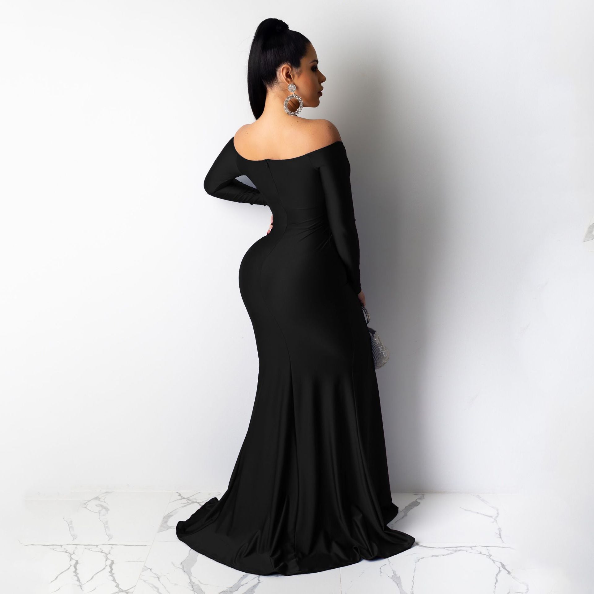 Women Sexy V-Neck Dress Solid Slit Long Sleeve Maxi Dress 17