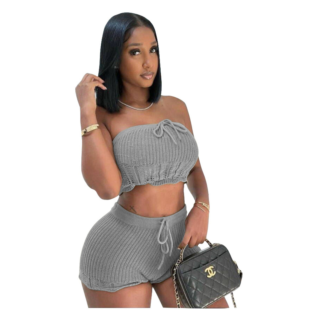 Women Casual Knitting Strapless Tube Top and Shorts Two-Piece Set 9