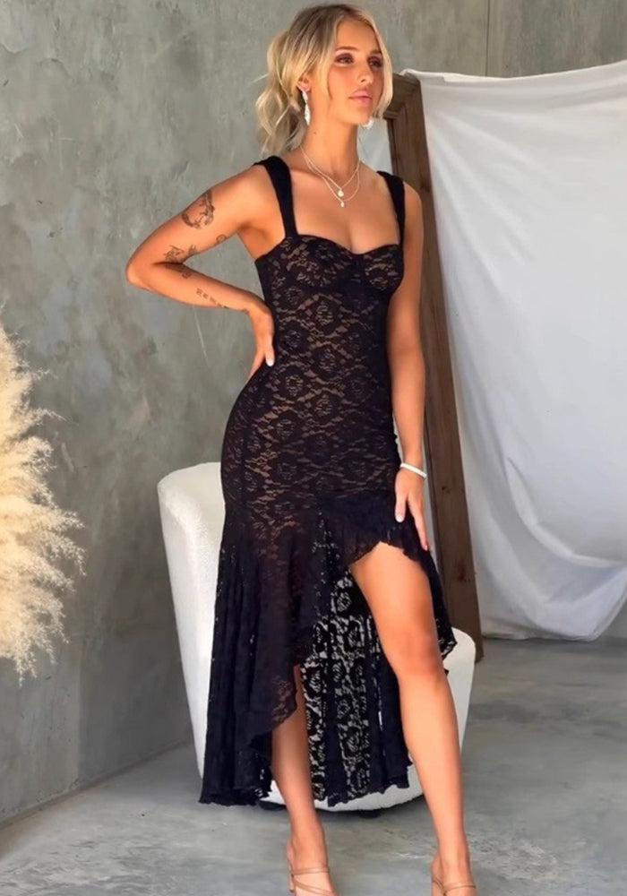 Women's Fashion Sexy Lace Strap Slim See-Through Slit Chic Dress for Women