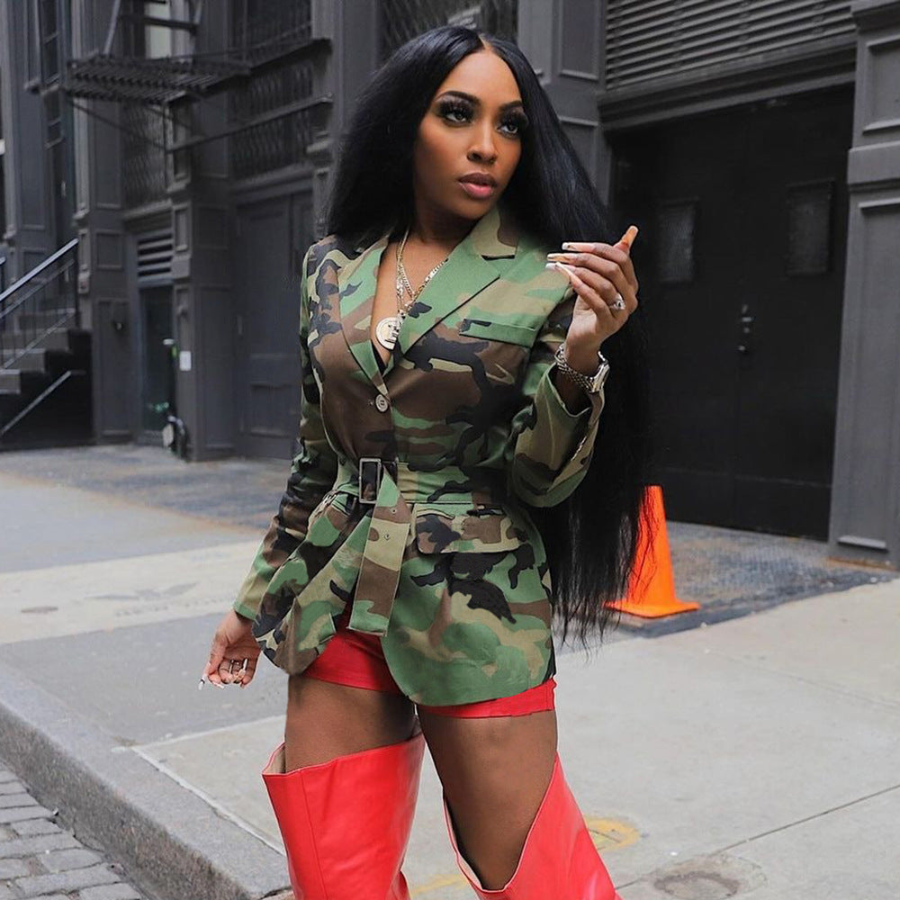 Women Camouflage Blazer Jacket with Belt 3