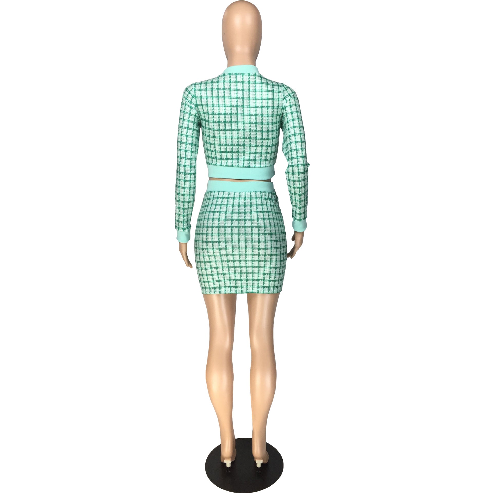 Women Plaid Ribbed Long Sleeve Top and Skirt Two-piece Set 24