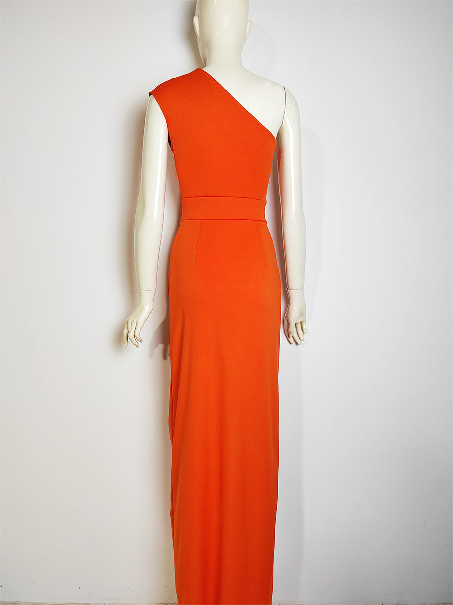 Women 's One Shoulder High Waist Front Slit Chic Dress 34