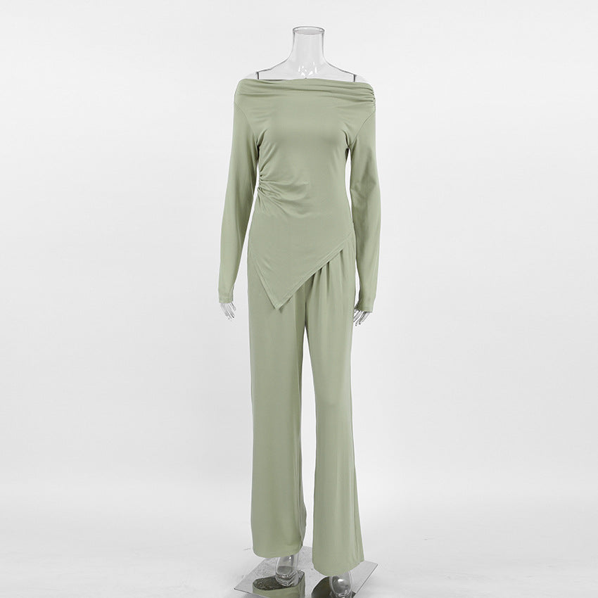 Autumn And Winter Grey Knitting Fashion Off Shoulder Long Sleeve Top High Waist Wide Leg Pants Casual Two Piece Set 13