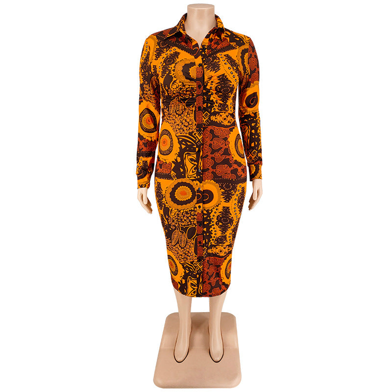 Plus Size Women Fall Long Sleeve Print Midi Dress 20