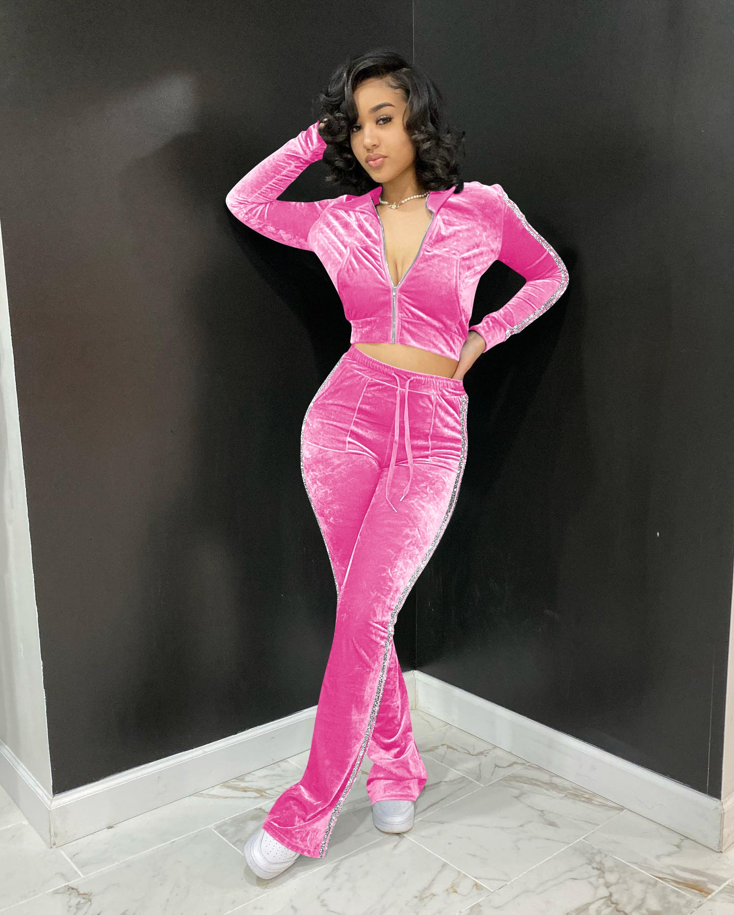 Women's Solid Velvet Casual Zip Top Wide Leg Pants Two Piece Tracksuit 9