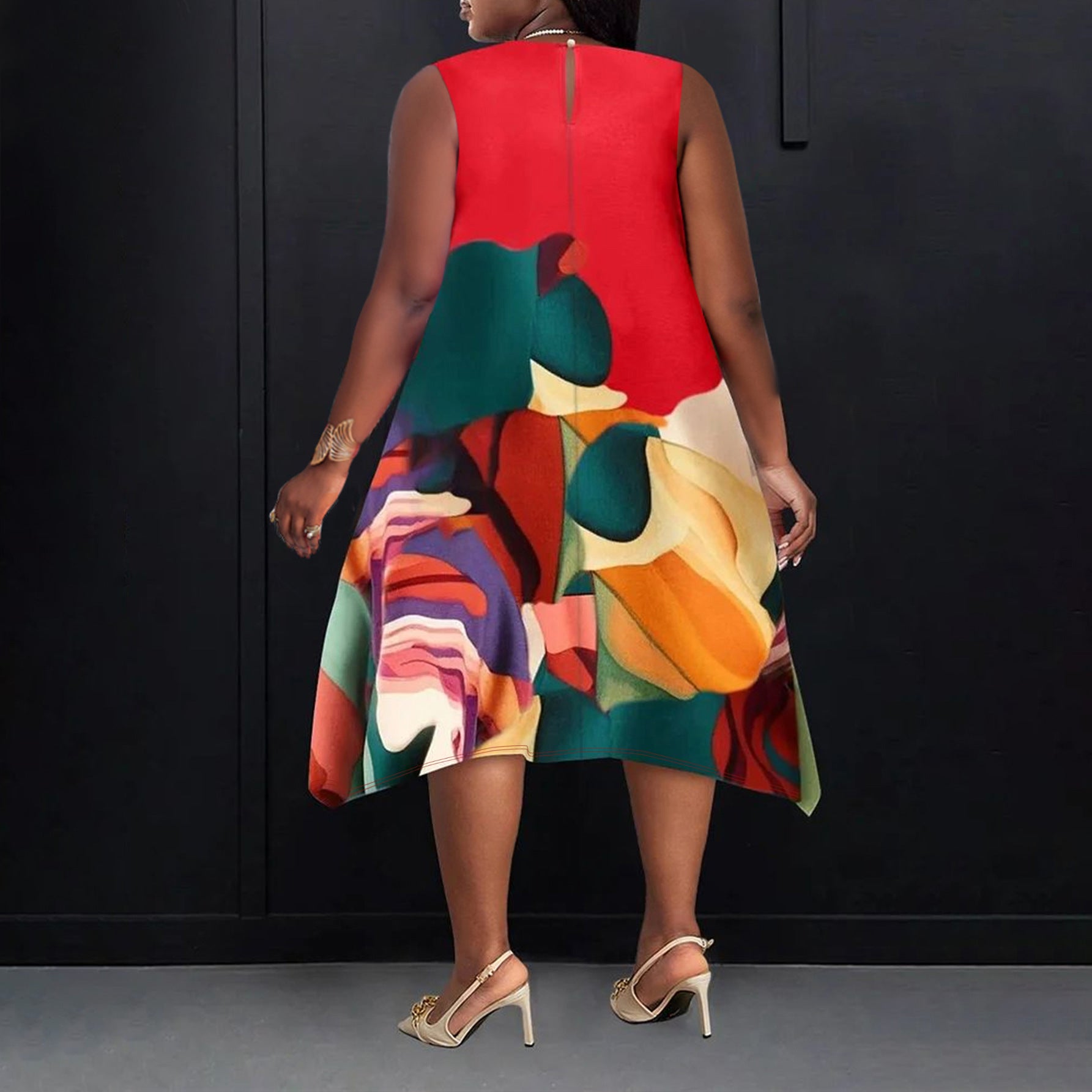 Plus Size Women Round Neck Casual Contrast Print Dress 3