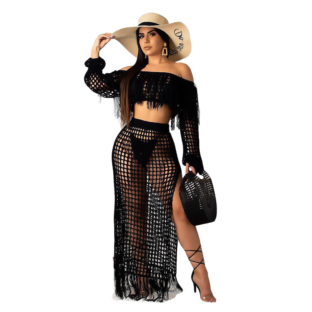 Summer Hollow Sexy Fashion Mesh Tassel See-Through Two-Piece Skirt Set 50
