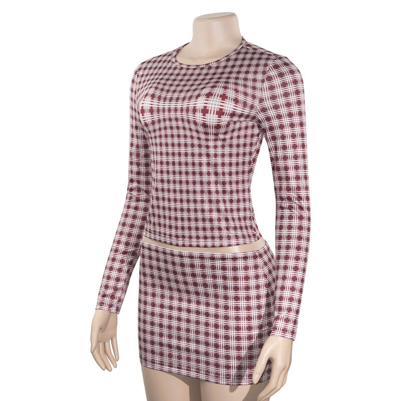 Autumn Fashion Plaid Round Neck Long Sleeve Top High Waist Short Skirt Slim Female Two Piece Set 7
