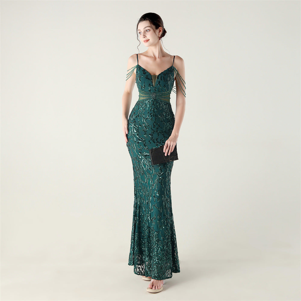 Beaded Sequin Fishtail Evening Dress Wedding Formal Party Gown 15