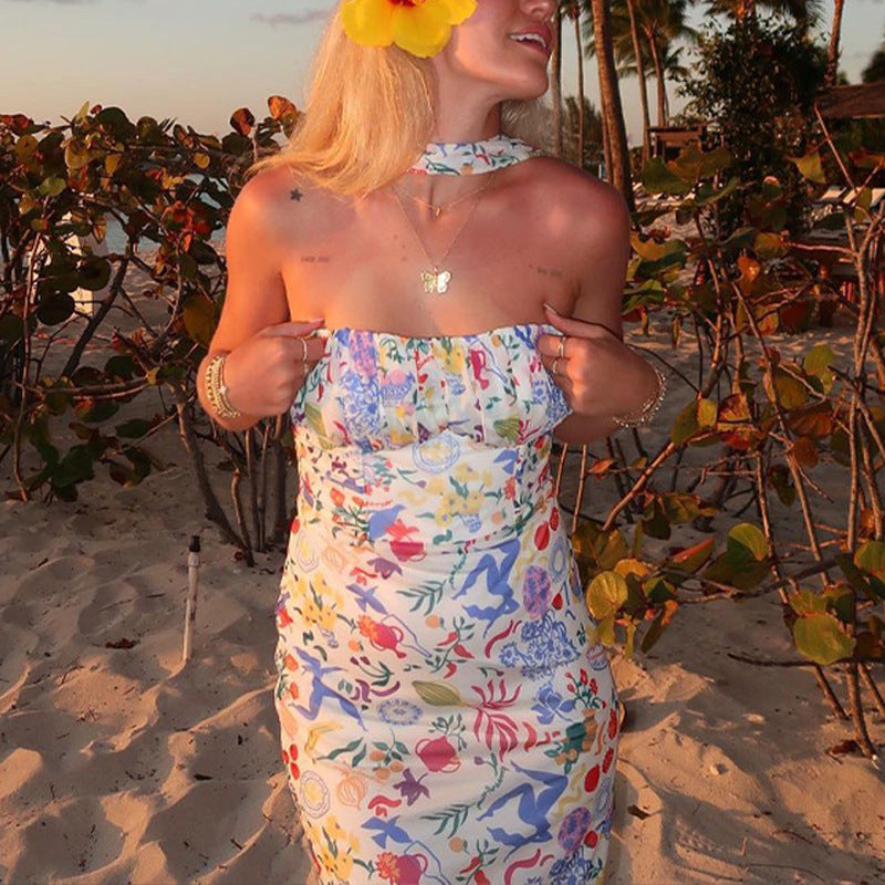 Womens wear Wrap Bust Off Shoulder Halter Neck Low Back Dress Slim Waist Bodycon Slim Printed Maxi Dress 7