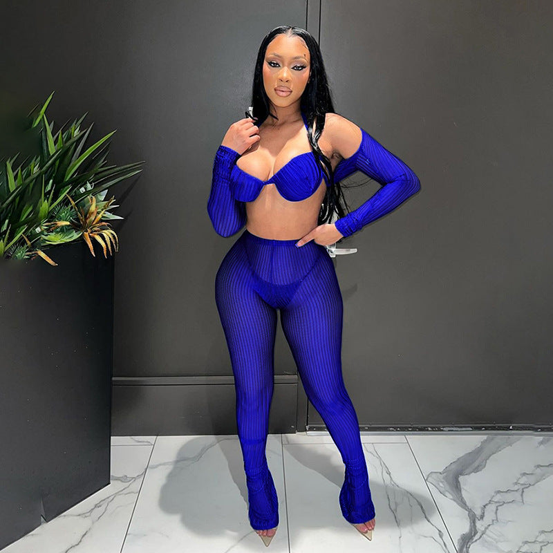 Summer Women's Fashion Trend Long-Sleeved Crop Top Lace Bra Sexy Slim Pants Set 25