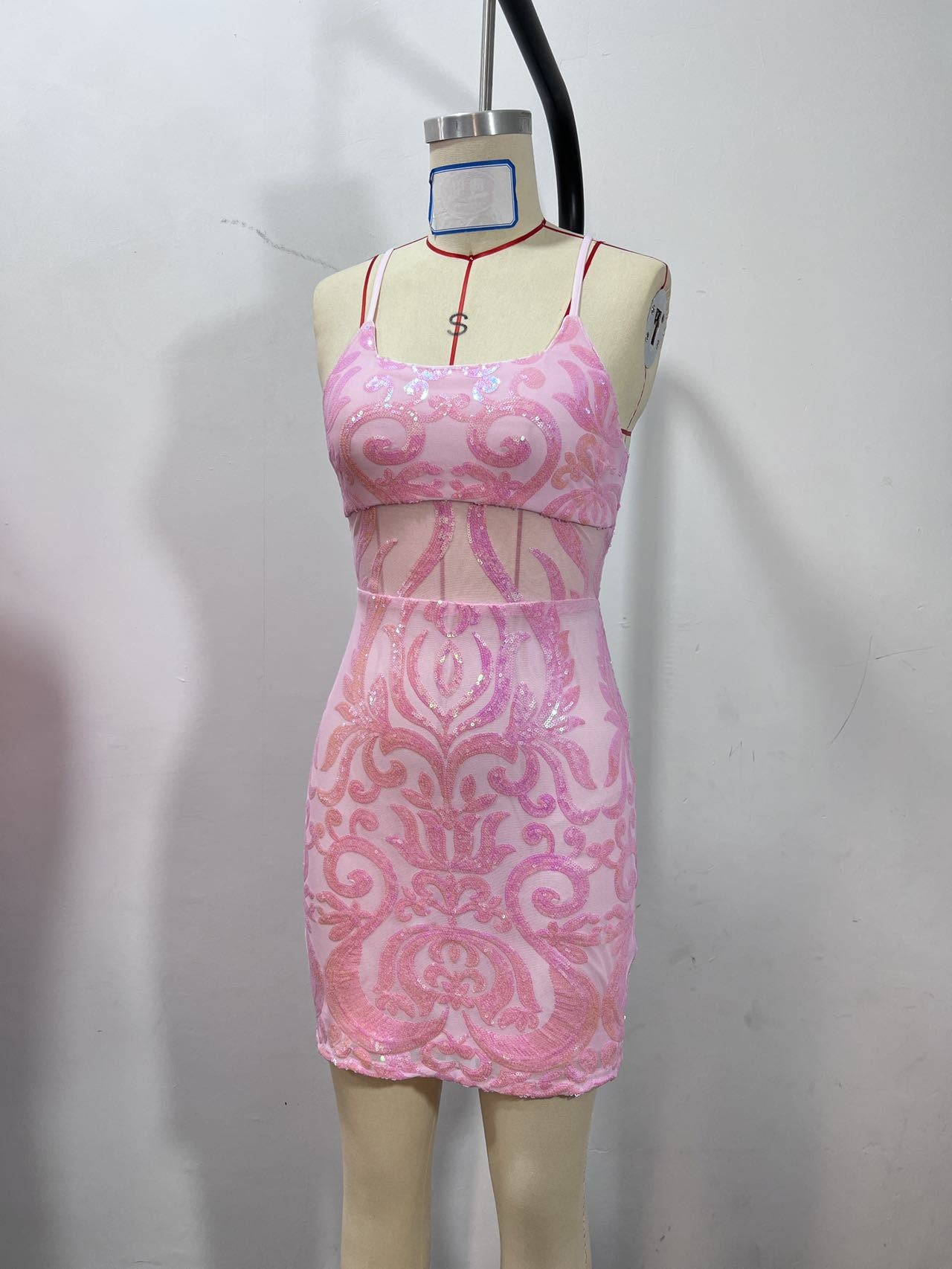 Spring And Summer Fashion Sexy Strap Sequin Pink Short Dress 8