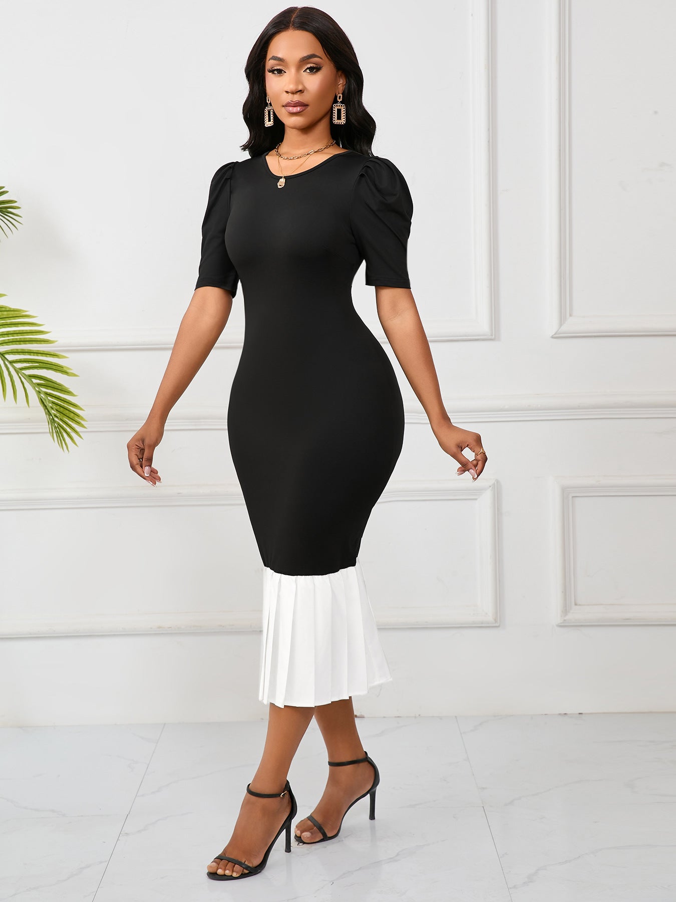 Women Summer Elegant Color Block Pleated Bubble Dress 4