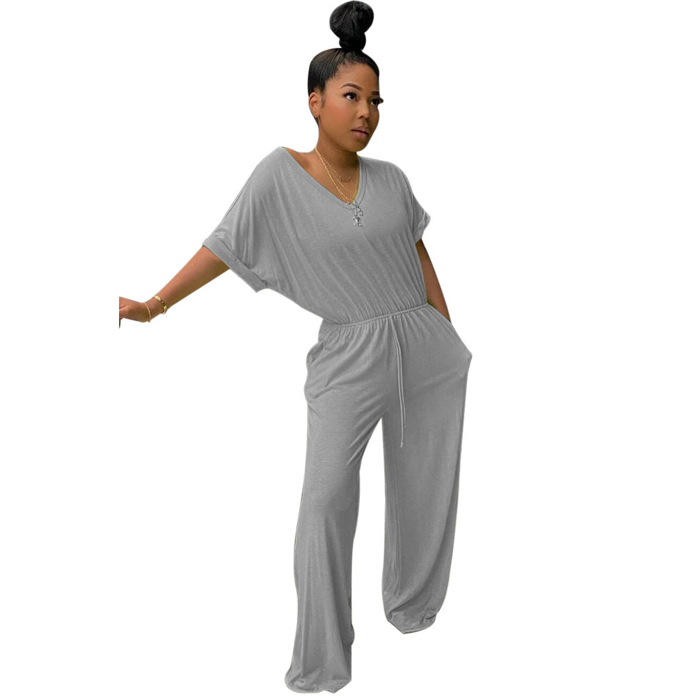 Sexy Women's Loose Casual Solid Color V-Neck Women's Jumpsuit 7