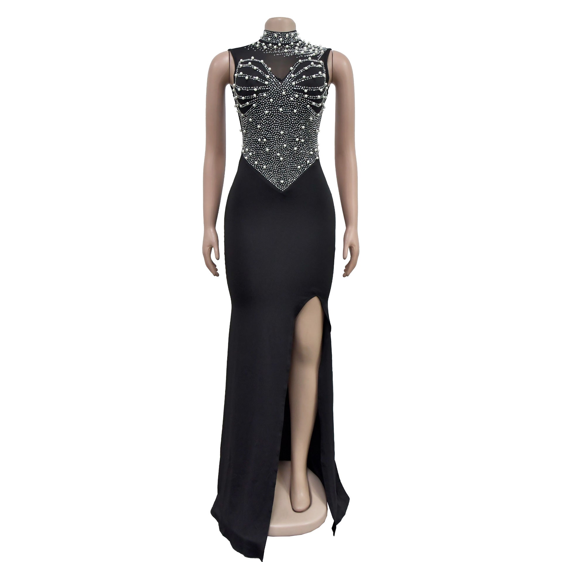 Fashion Women's Solid Color Beaded Mesh Sleeveless Long Dress 16