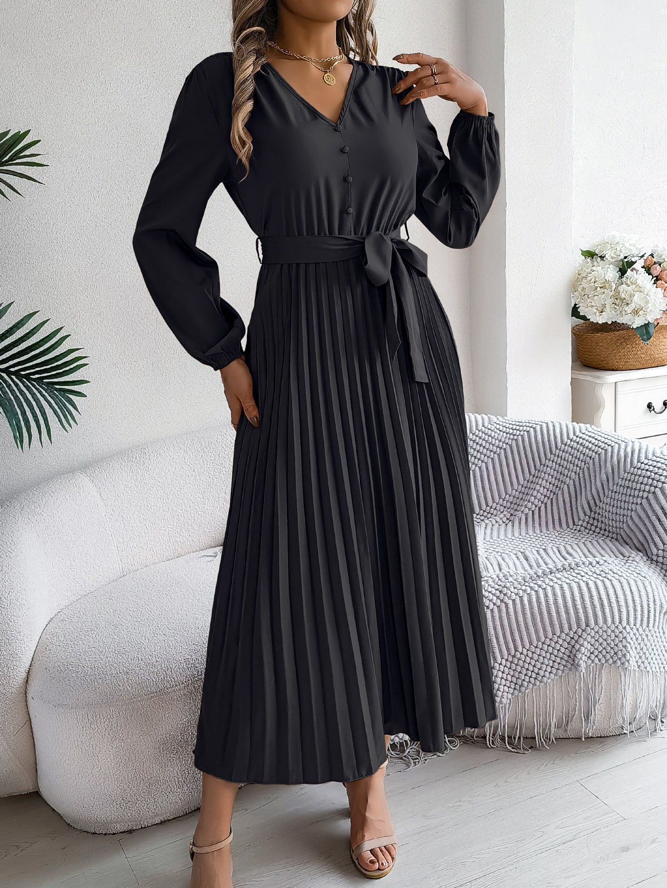 Women Elegant V-neck Button Lace-up Pleated Dress 11