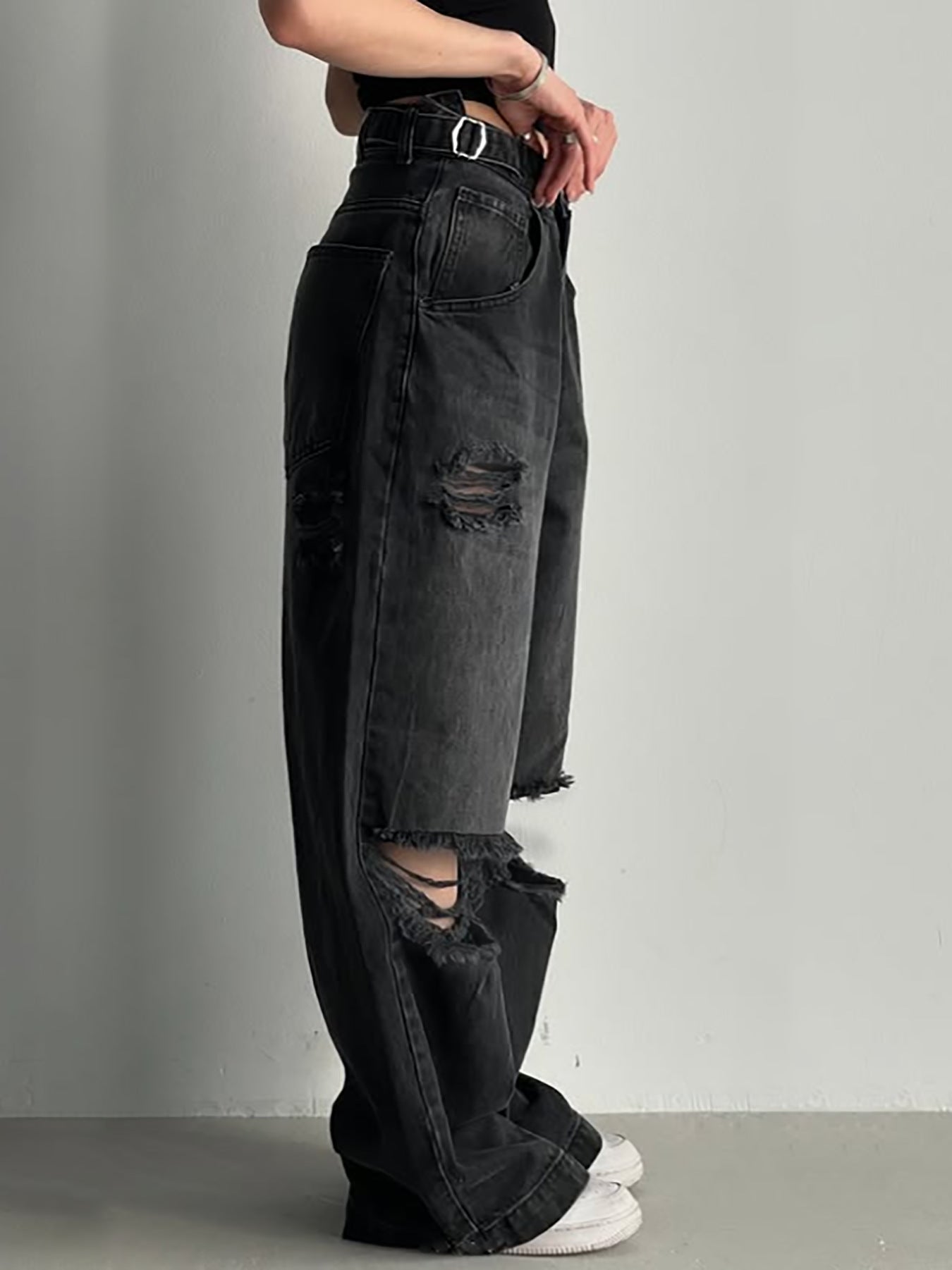 Women Ripped Waist Adjustable Denim Wide Leg Pants 4