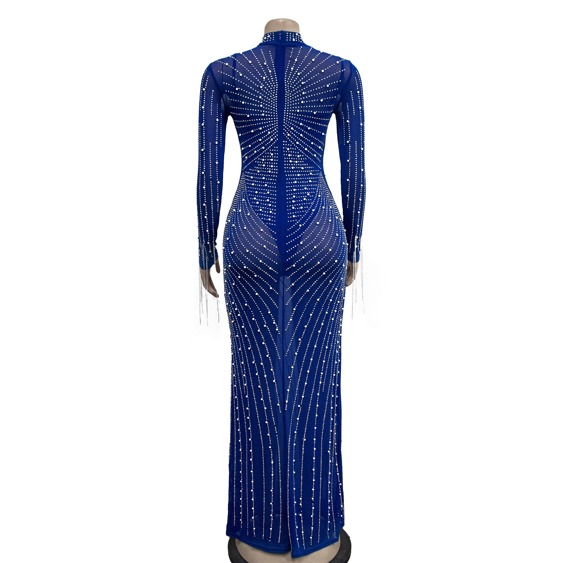 Women Mesh See-Through Beaded Long Sleeve Maxi Dress Set 17