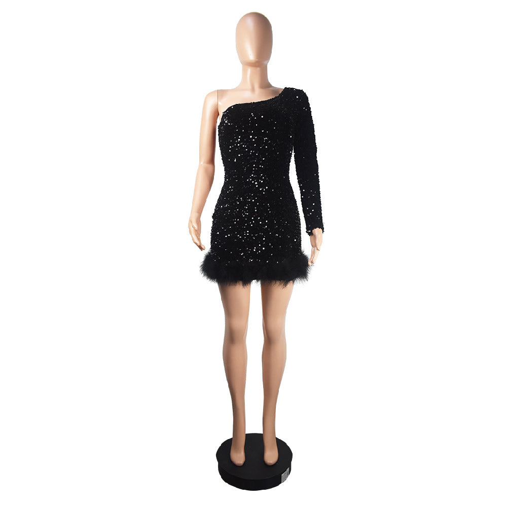 Fall/Winter Slash Shoulder Long Sleeve Sequin Feather Bodycon Party Dress 16