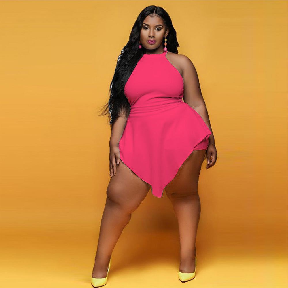 Spring Sexy Slim Plus Size Irregular Solid Color Sleeveless Fake Two-Piece Jumpsuit 5
