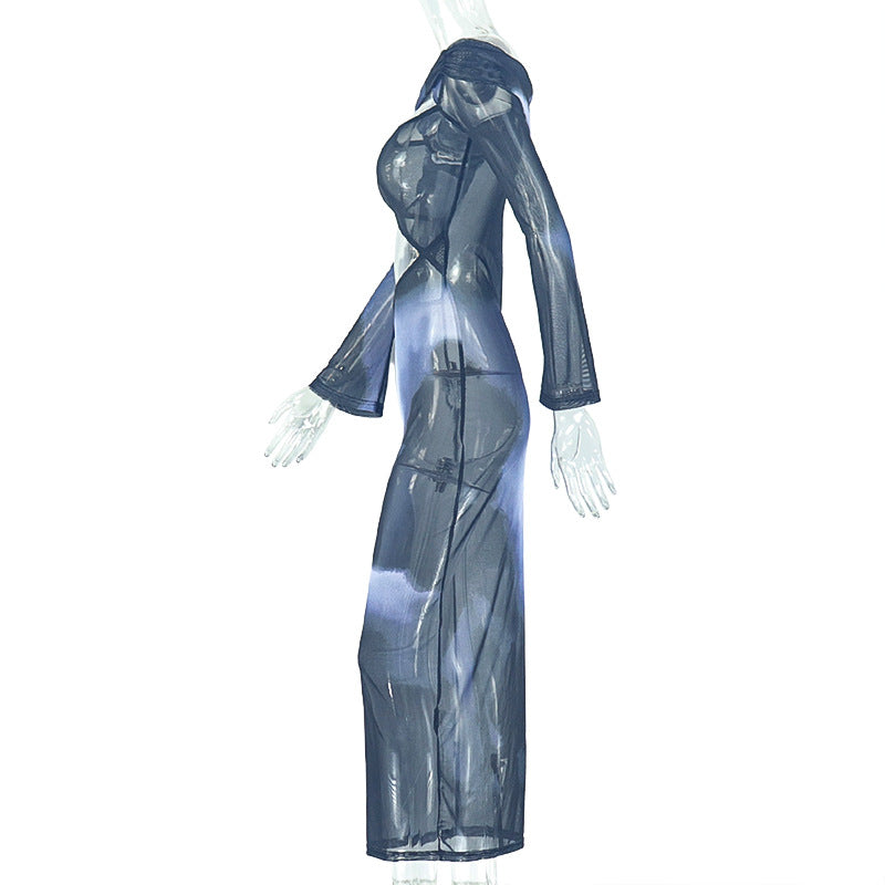 Women Gradient Hollow Crop Off Shoulder Raglan Long Sleeve Maxi Dress 7