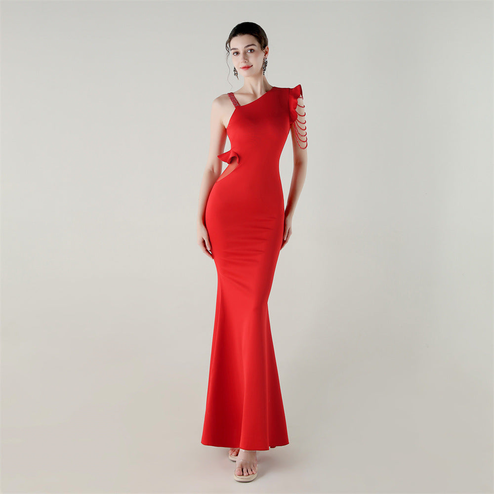Women satin one-shoulder beaded Formal Party hollow ruffle fishtail evening dress 3