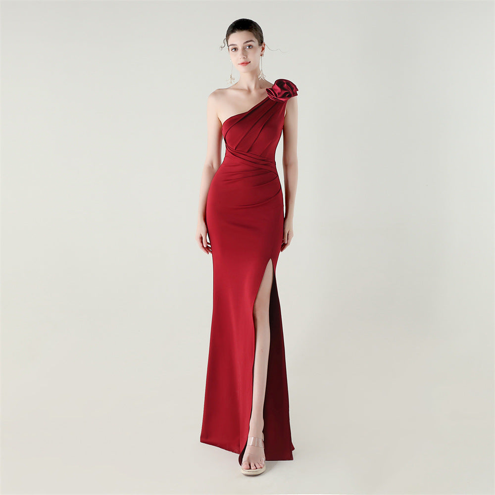 Women one-shoulder flower satin slit sexy evening dress 6