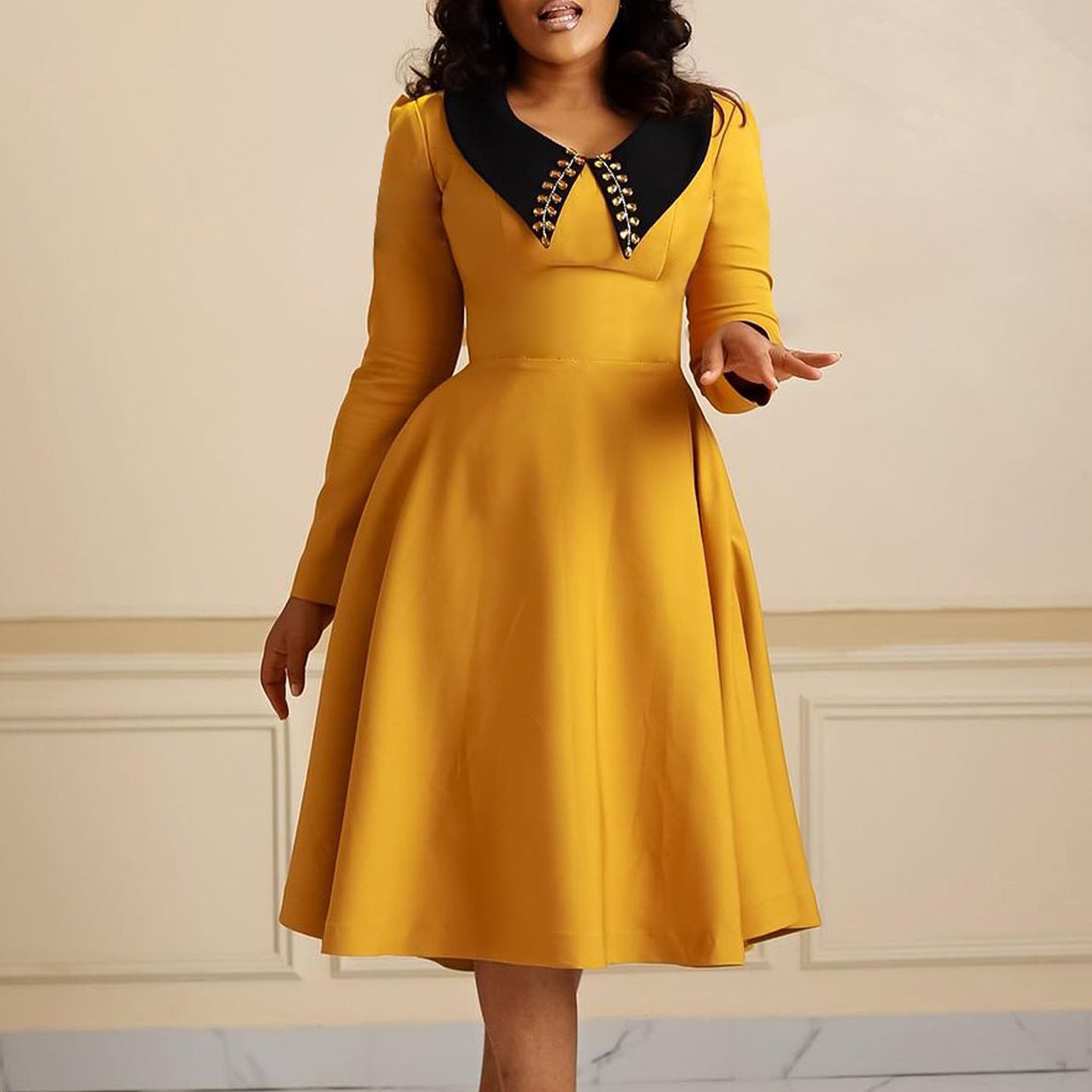 African Women Solid Long Sleeve Turndown Collar Elegant Dress 9