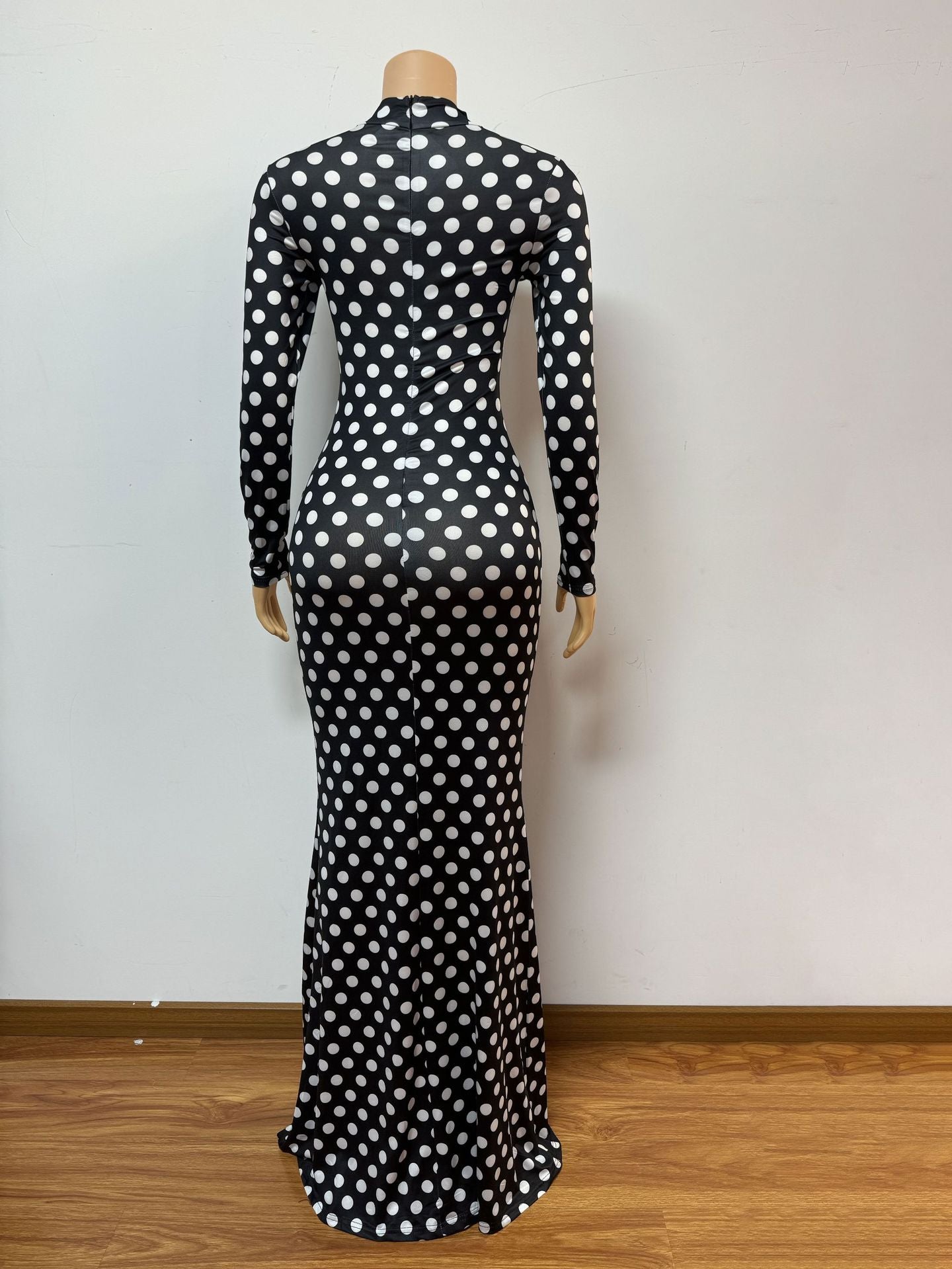 Women printed half-high collar hollow sexy long-sleeved polka dot dress 8