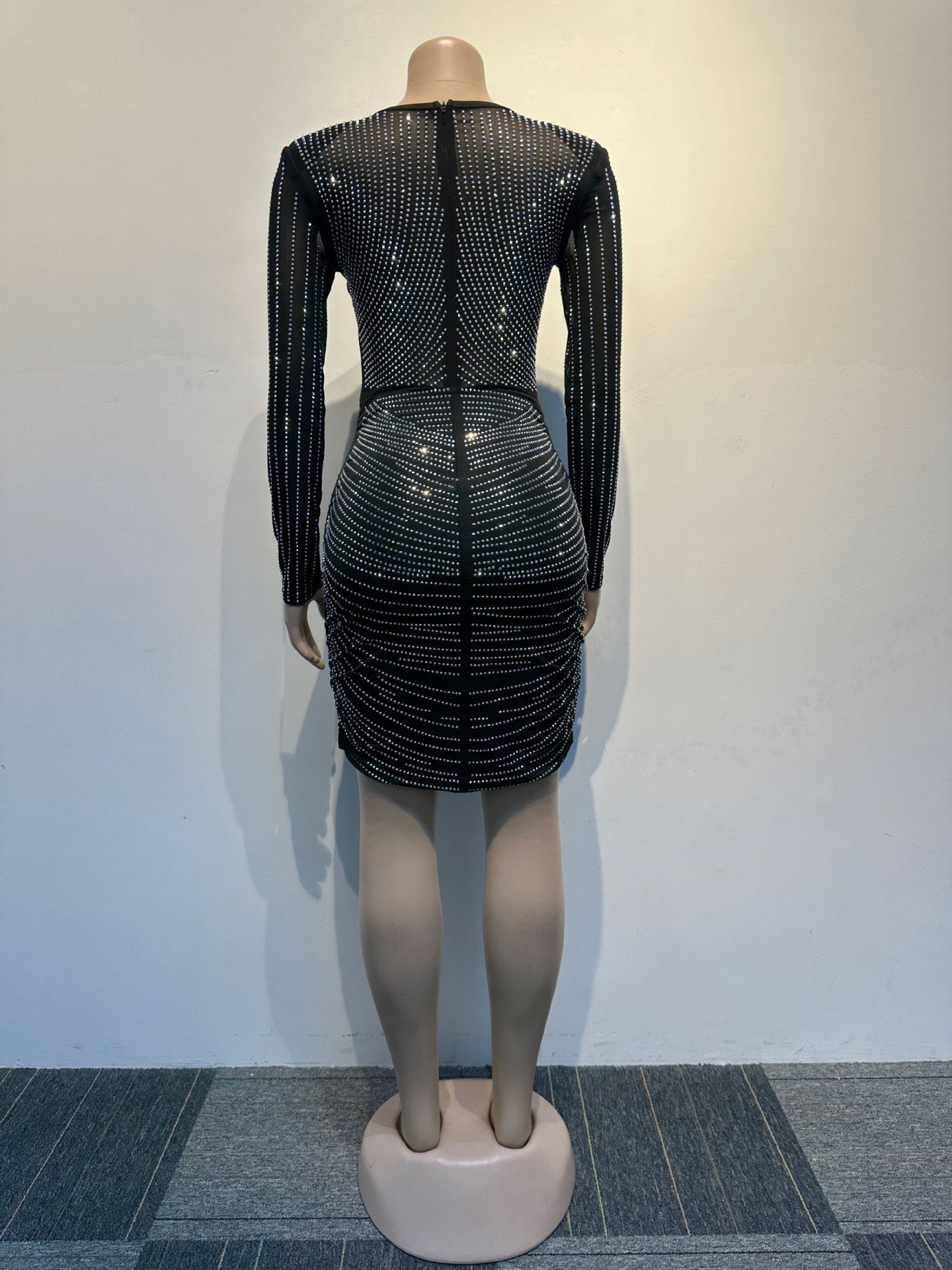 Sexy Slim Beaded Bodycon Deep V See-Through Dress 12