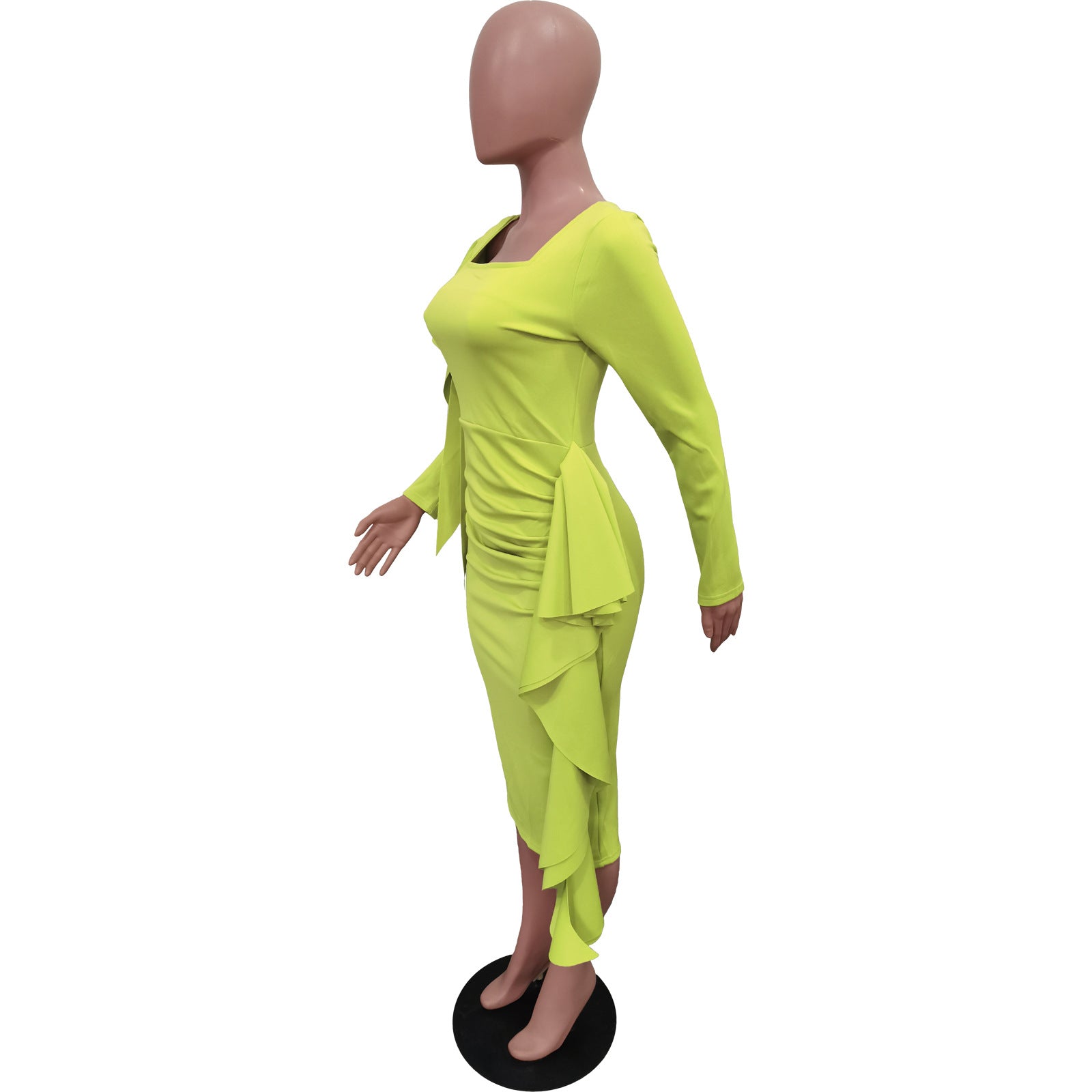 Womens Solid Square Neck Ruched Long Sleeve Dress 10