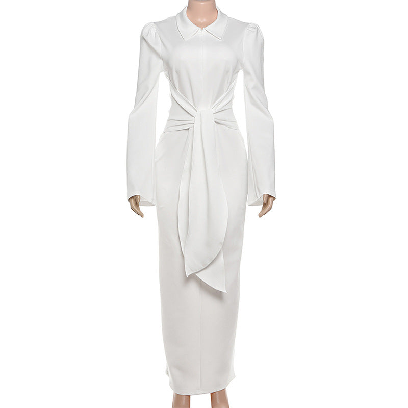 Autumn Women's Solid Color Chic Turndown Collar Slim Waist Lace-Up Zipper Long Sleeve Dress 18