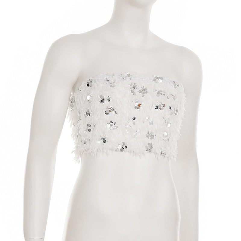 Women Sexy White Sequined Fur Patchwork Strapless Top and Shorts Two-Piece Set 8