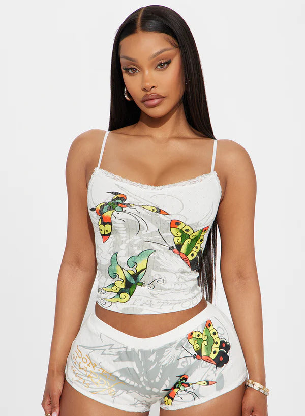 Print Lace Trim Strap Top Shorts Set 3