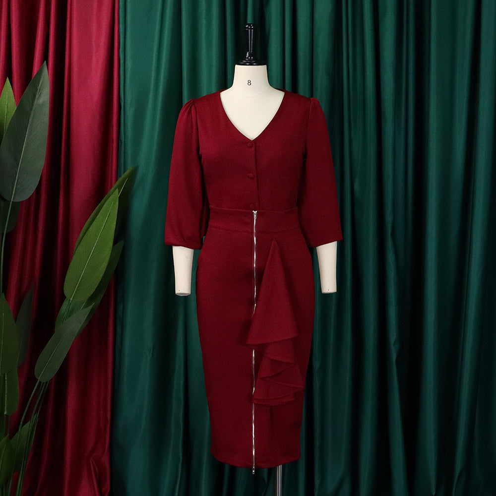 Plus Size Women'S Fall/Winter V-Neck Long Sleeve Top Bodycon Skirt Two Piece Set 13