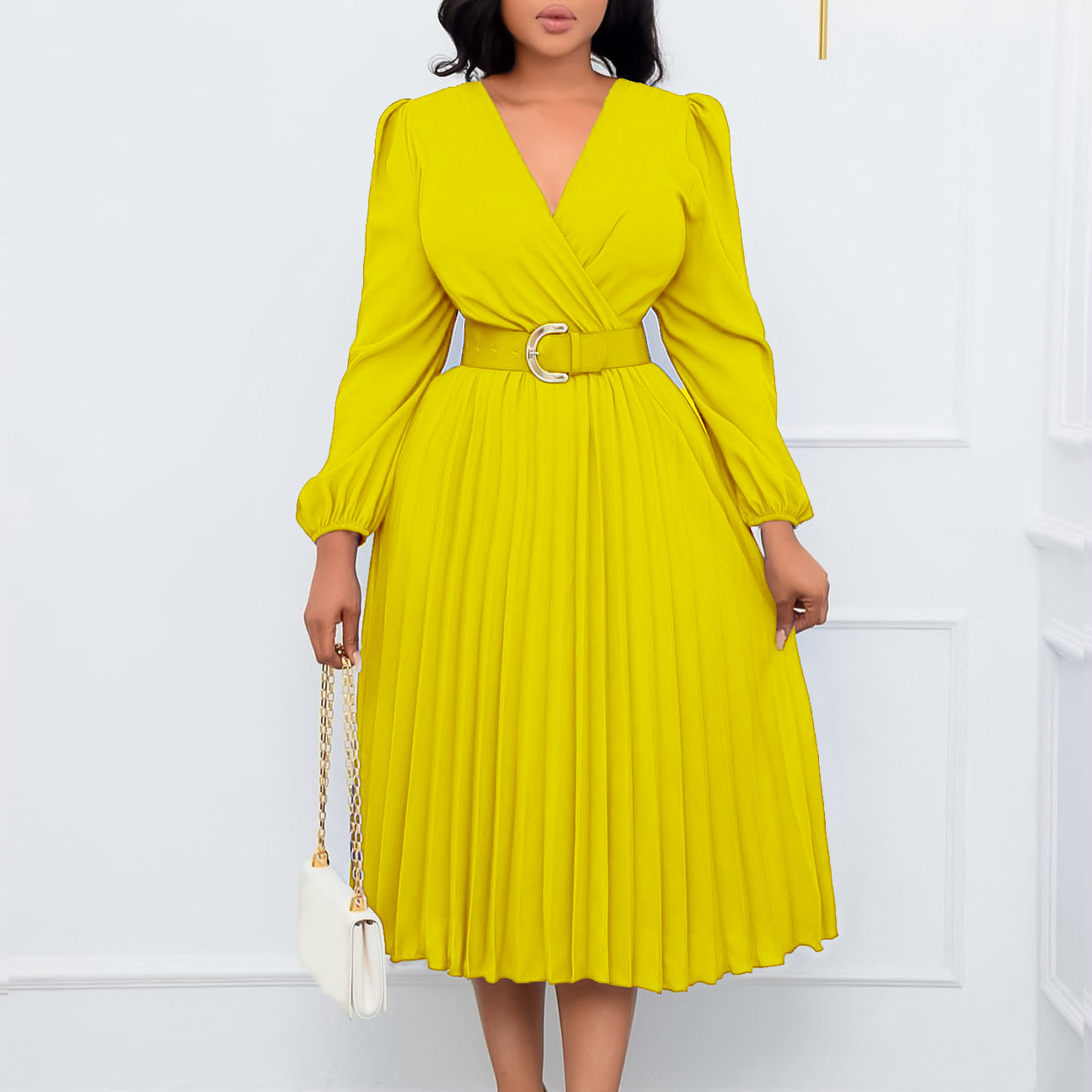 Plus Size Women Long Sleeve V-Neck Pleated Maxi Dress 4