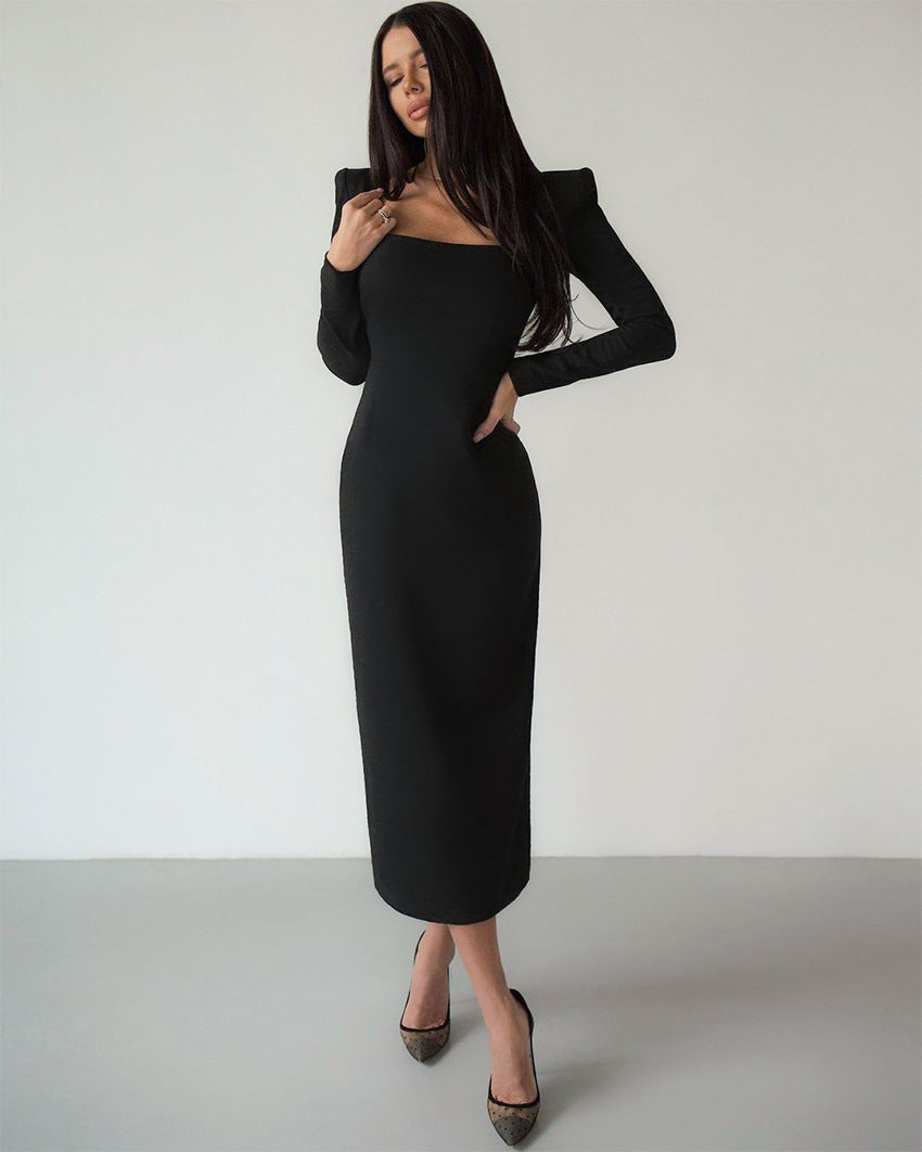 Autumn and winter French black dress Chic Slim Waist square neck long-sleeved elegant Tight Fitting long dress for women 3