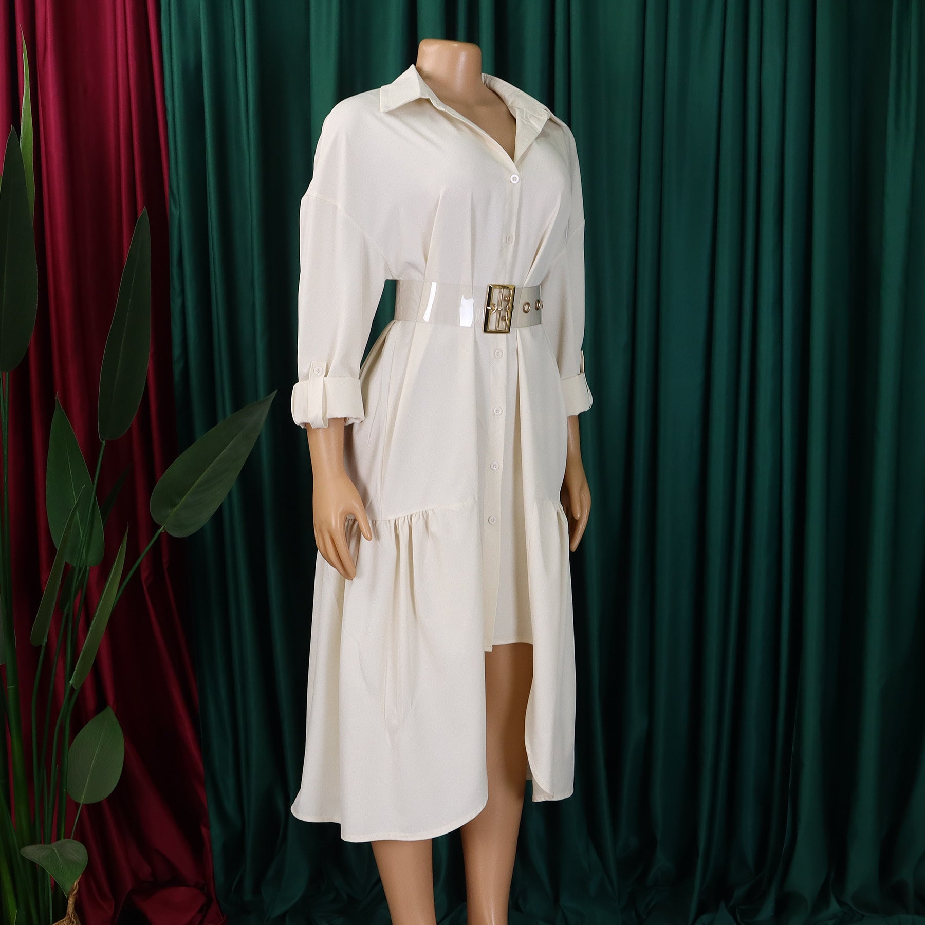 Women's Turndown Collar Solid Color Fashion Loose Casual Button Irregular Shirt Dress 40