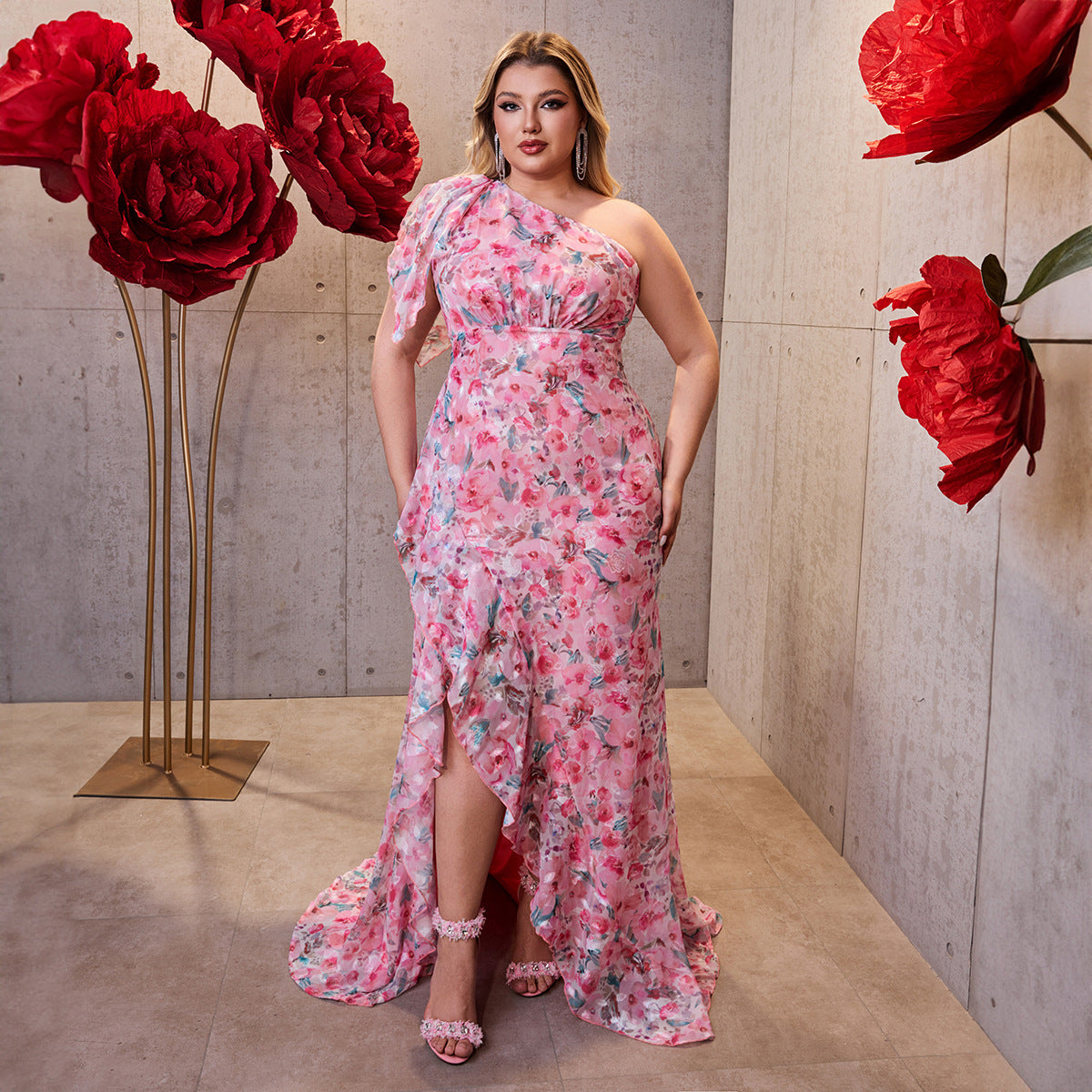 Plus Size Women's One-Shoulder Floral Maxi Dress 10
