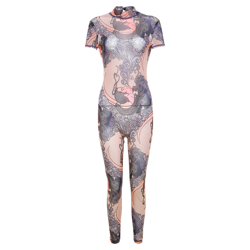 Summer Women's Sexy See-Through Mesh Print Hollow Low Back Tight Fitting Casual Jumpsuit 7
