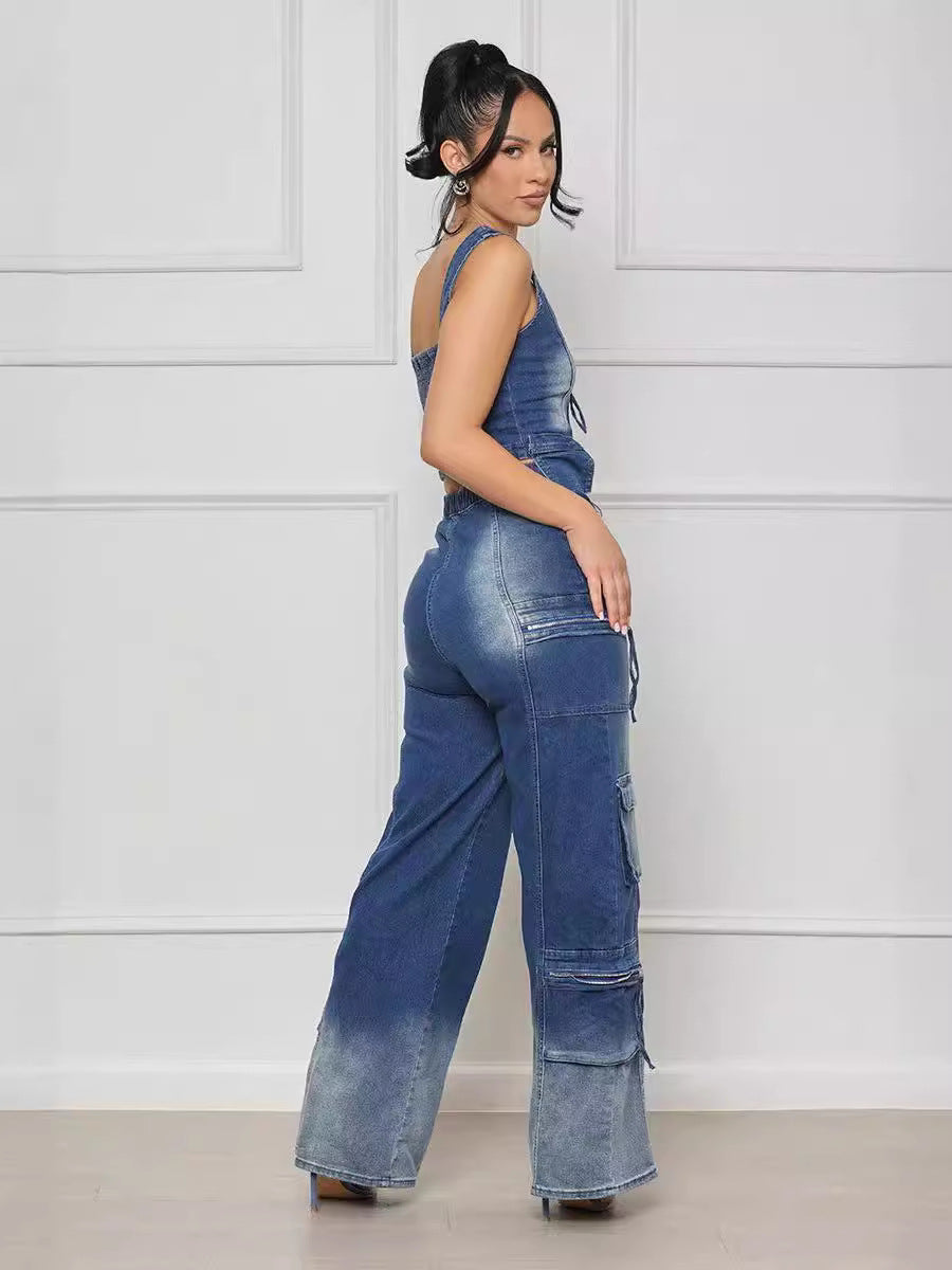 Women Casual Retro Vest and Multi-Pocket Wide Leg Pants Two-piece Set 3