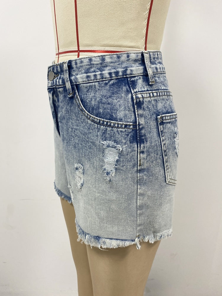 Summer Women's High Waist Slim Fit Gradient Denim Shorts 7