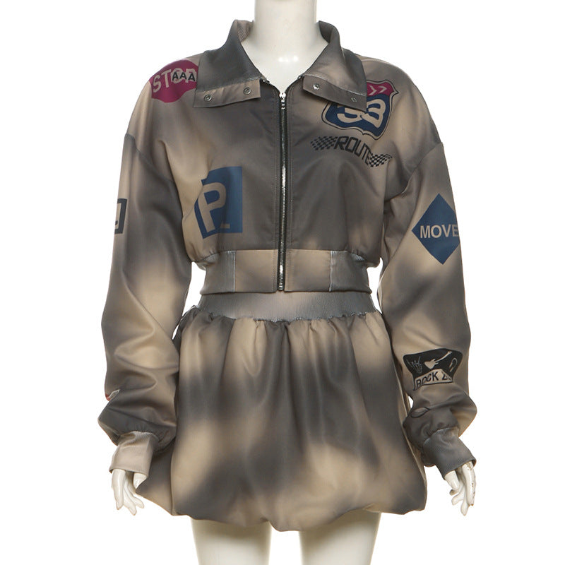 Autumn Women's Print Long-Sleeved Top Bodycon Short Skirt Two Piece Set 10