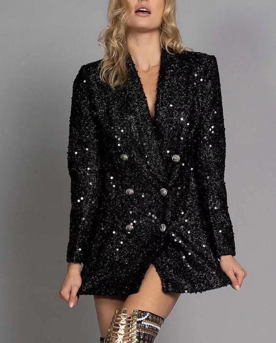 Fashionable V-neck Chic blazer double-breasted black sequin slim long top 5