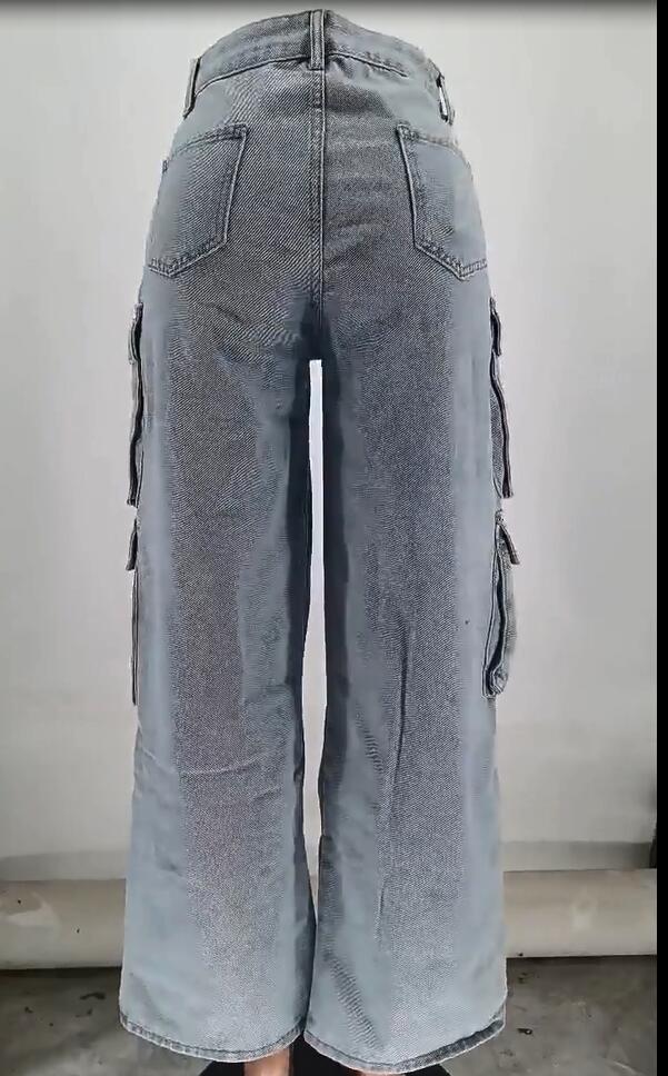 Pocket Cargo Washed Denim Pants Wide Leg Women Jeans 9